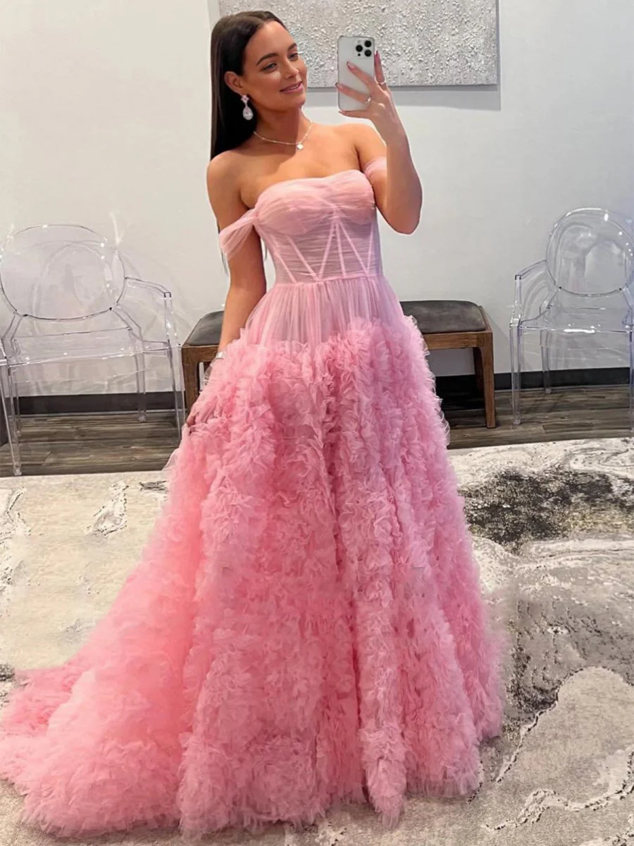 Gorgeous A Line Off the Shoulder Long Tulle Prom Dress with Slit