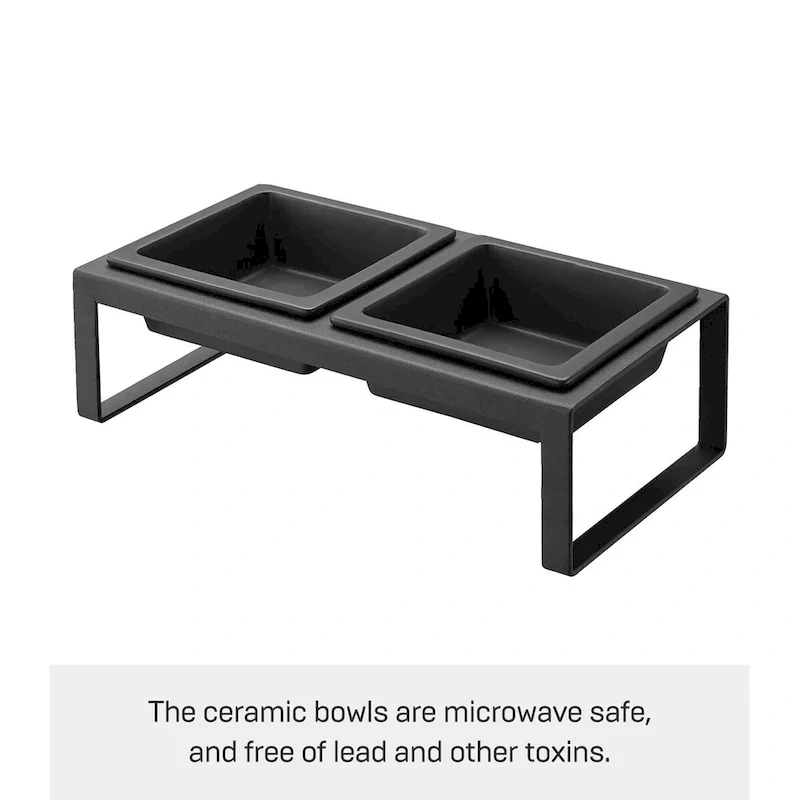 Elevated Pet Food Bowl Stand - Ceramic Bowls with Steel Frame (White/Black)