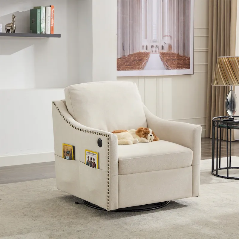 Dark Grey / Cream White Fabric Swivel Accent Chair, 360° Rotating, Single Seat