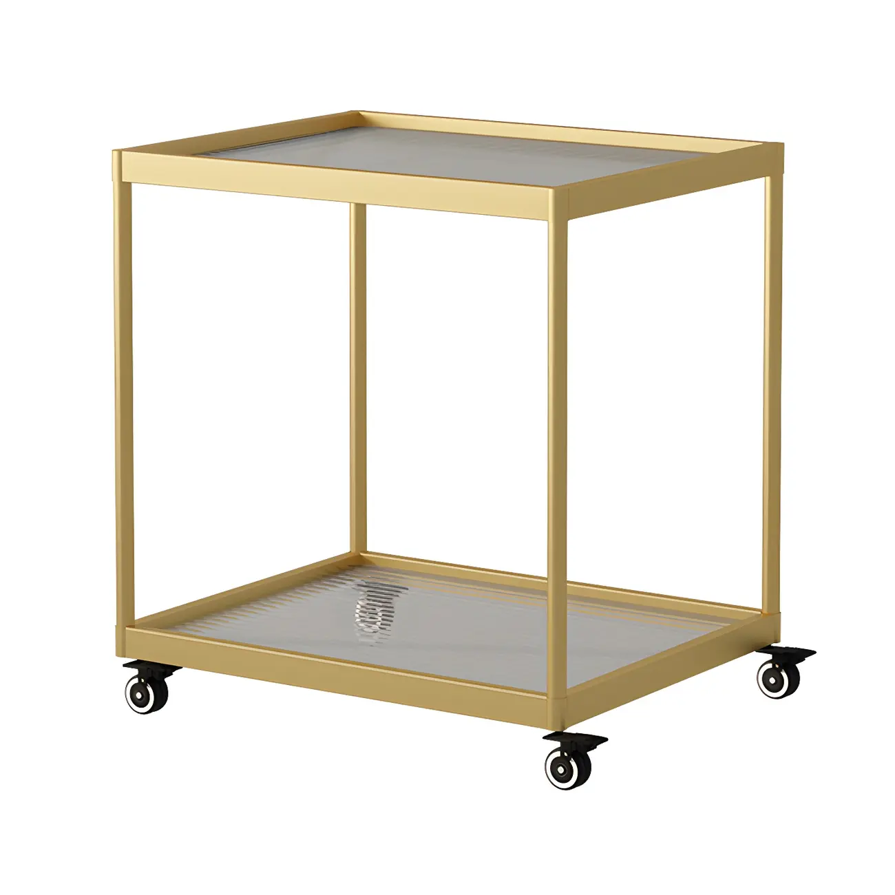 Gold Glass Rectangular Top Shelf Side Table on Wheels