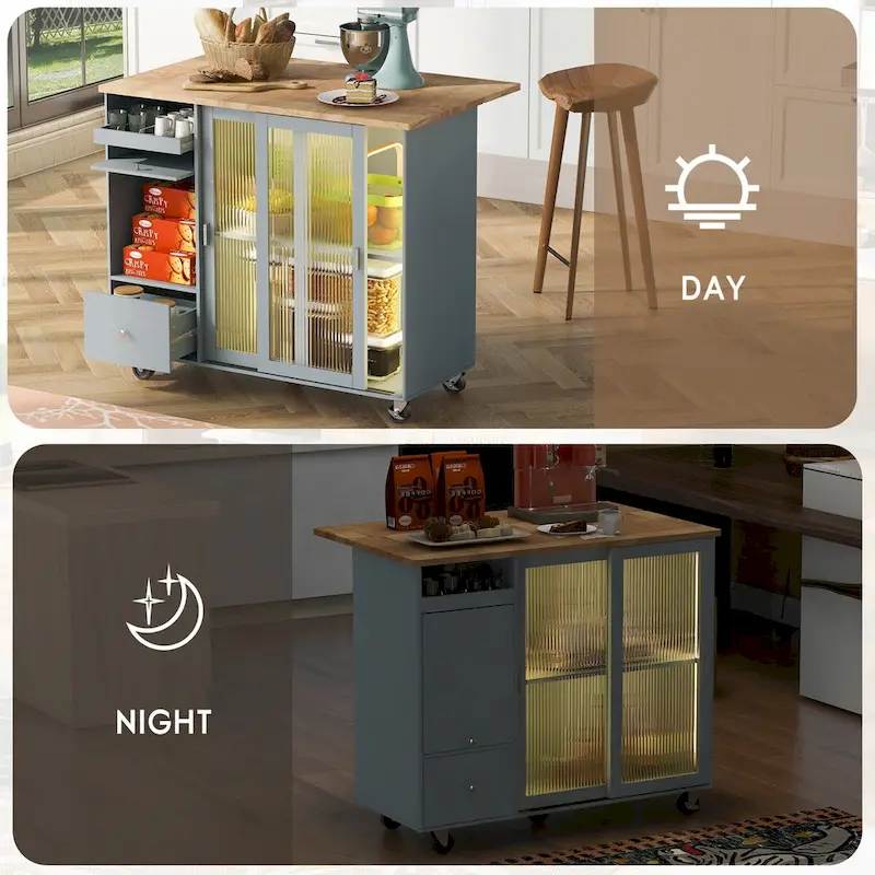 44 in. W Kitchen Island Rubber Wood Drop-Leaf Countertop on 5 Wheels with an Adjustable Shelf and 2 Drawers - 44