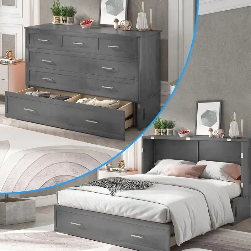 Cabinet Murphy Bed with Drawer & Charging Station – Dark Grey / Cherry / White, Queen, Sleeps 2