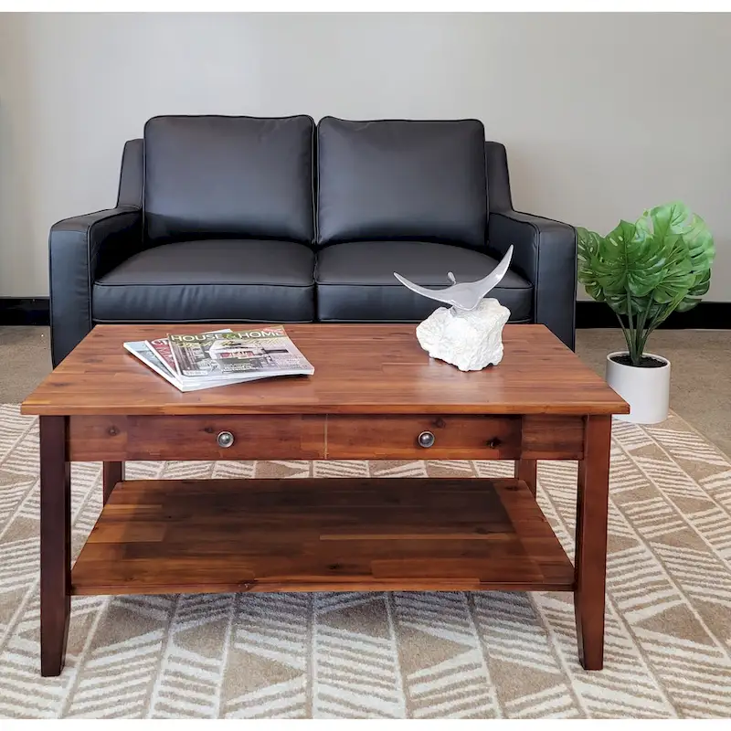 Solid Acacia Coffee Table with Drawer & Bottom Shelf