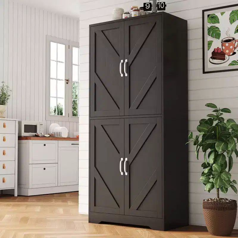 69 Kitchen Pantry Storage Cabinet, Farmhouse Kitchen Hutch Cabinet with 4 Doors & 2 Adjustable Shelves, Freestanding Cupboard with Microwave Stand