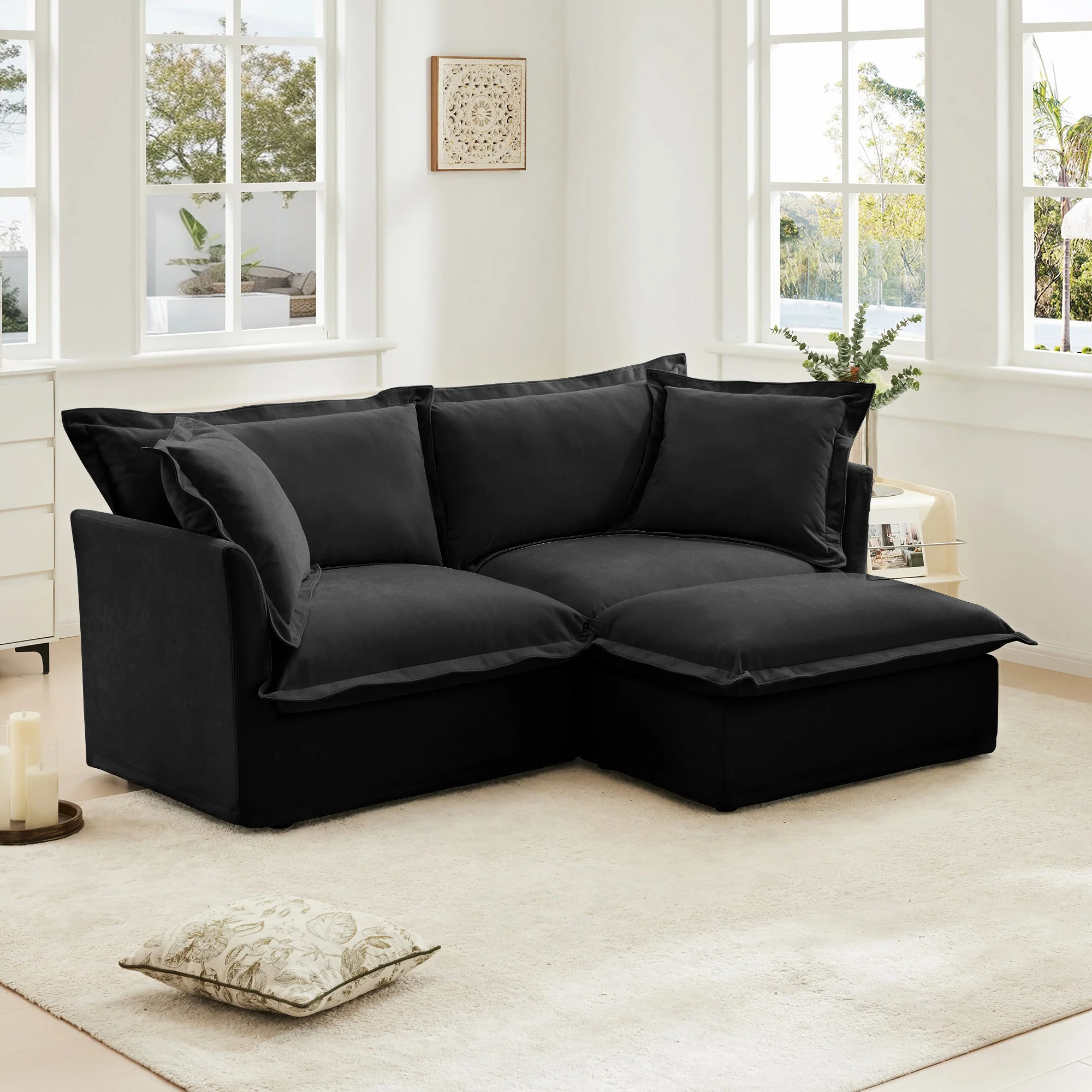 Walker Edison | Wide Deep Seat Slipcovered Black Loveseat Sofa with Ottoman