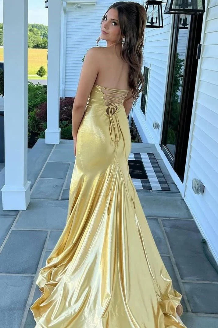 Mermaid Yellow Strapless Metallic Long Prom Dresses with Slit