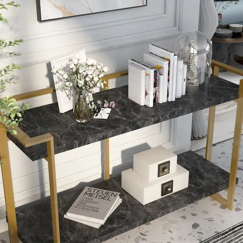 Lovell Glam Gold and Black 51-inch Faux Marble 1-Shelf Sofa Table by