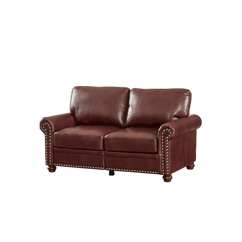 Faux Leather Loveseat with Storage – Burgundy / Grey / Black, Nailhead Trim, Seats 2