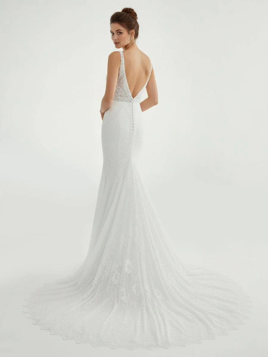 Mermaid White V Neck Illusion Wedding Dress