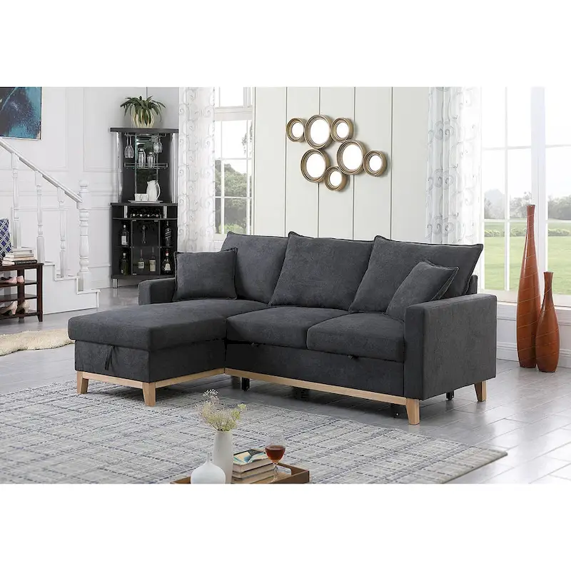 Dark Gray Woven Reversible Sleeper Sectional Sofa with Storage Chaise