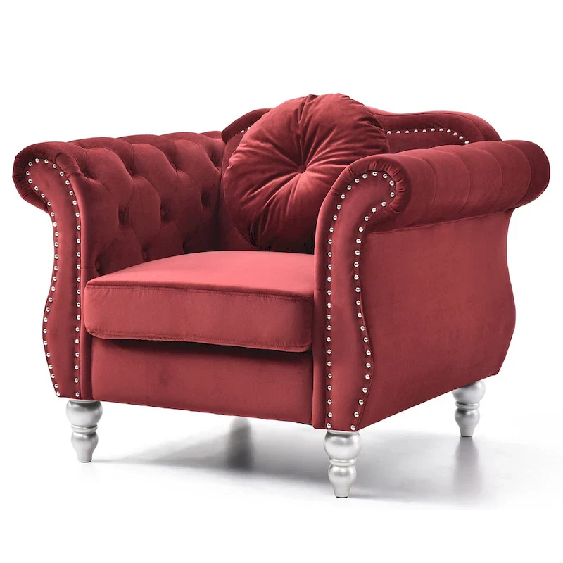 Red Velvet Tufted Accent Chair with Round Pillow, Single Seat