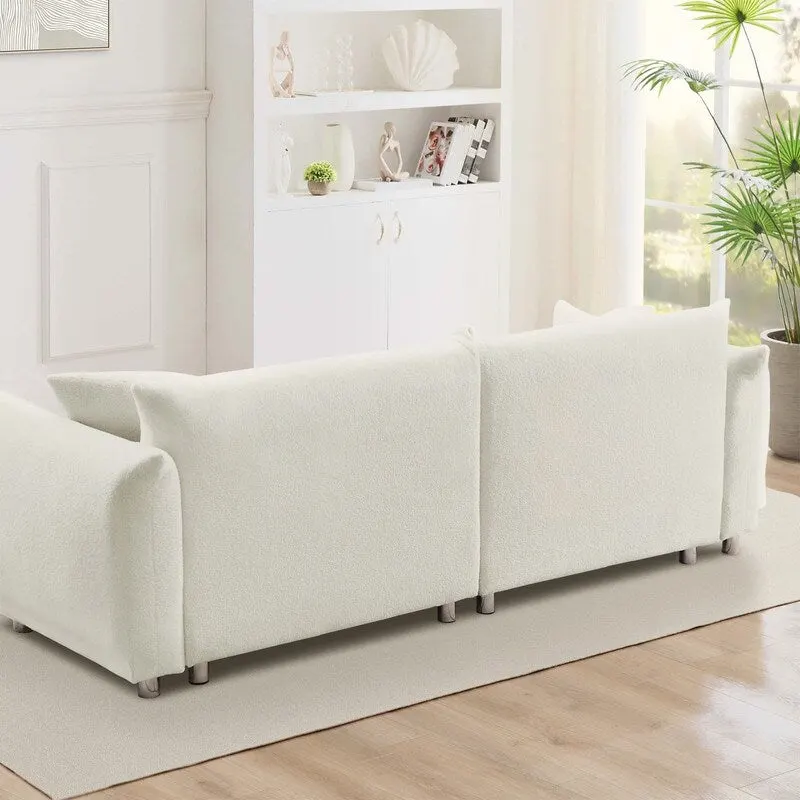 White Velvet Sofa with Pillows and Metal Legs