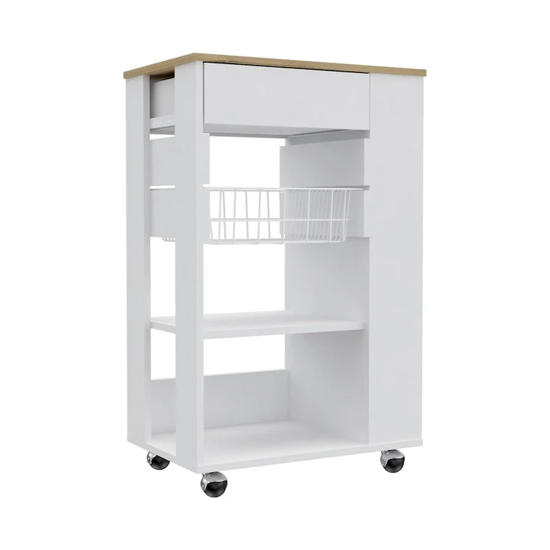 Kitchen Cart, One Drawer, Two Open Shelves, Four Casters -White / Light Oak
