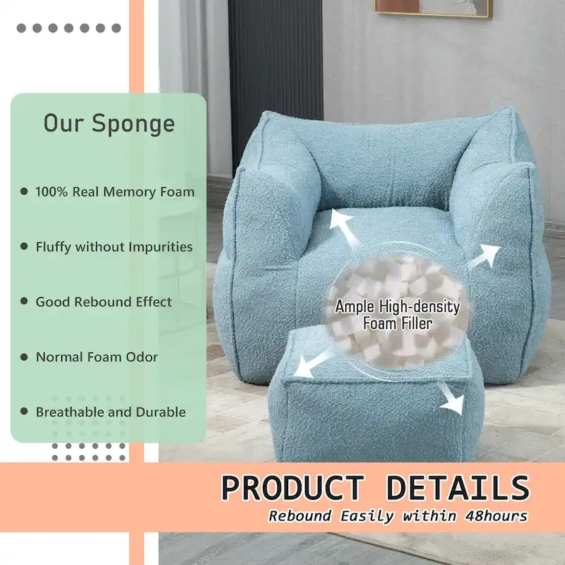 Boucle Upholstered Deep Seat Armless Square Bean Bag Chair with Ottoman