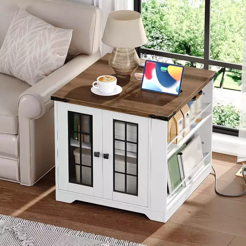 ACOINEL Farmhouse End Table with Charging Station, 23.6 Square Side Table for Living Room, White & Walnut Nightstand with Glass Barn Door