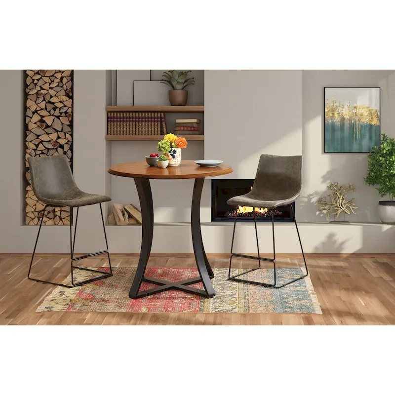 3-Piece 36  Round Top Counter Height Dining Table with 2 Faux Leather Stools