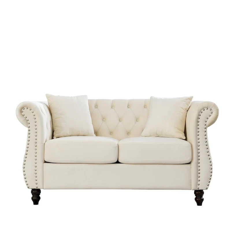 Beige Velvet Chesterfield Loveseat Sofa, Rolled Arms, Nailhead Trim