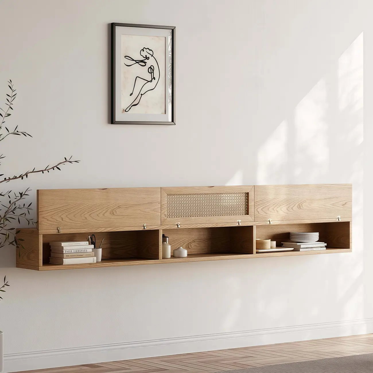 Walnut Ash Wood Floating Rattan Flip-Up TV Stand