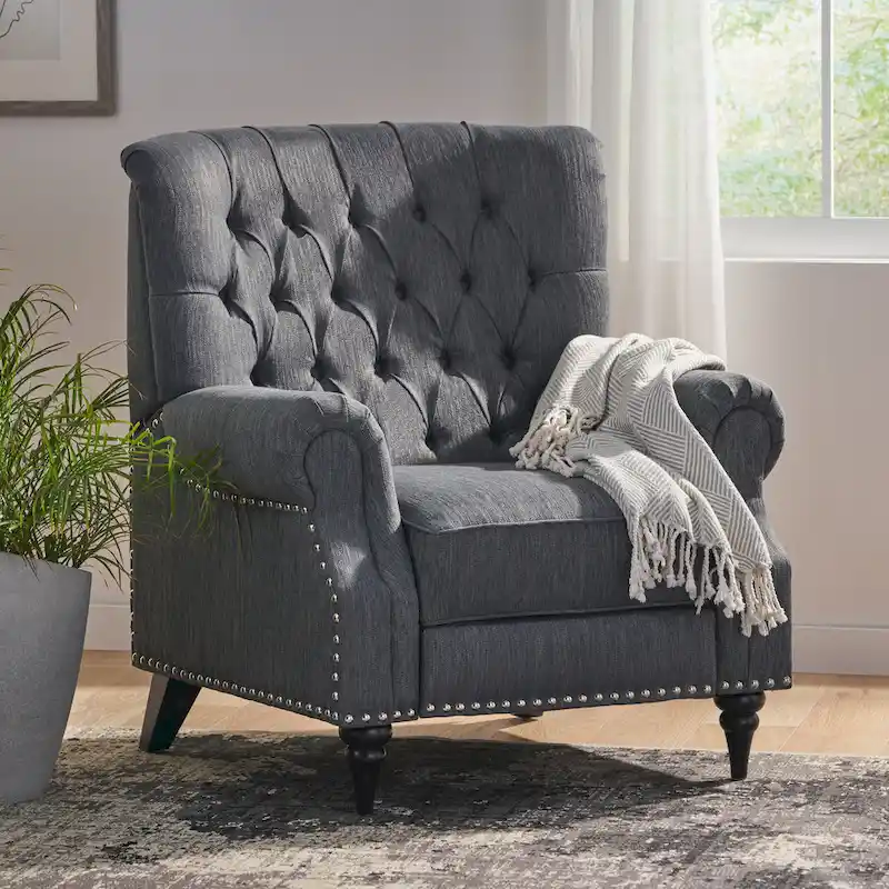Navy Blue / Cognac Brown / Charcoal Push-Back Recliner, Fabric & Faux Leather, Single Seat