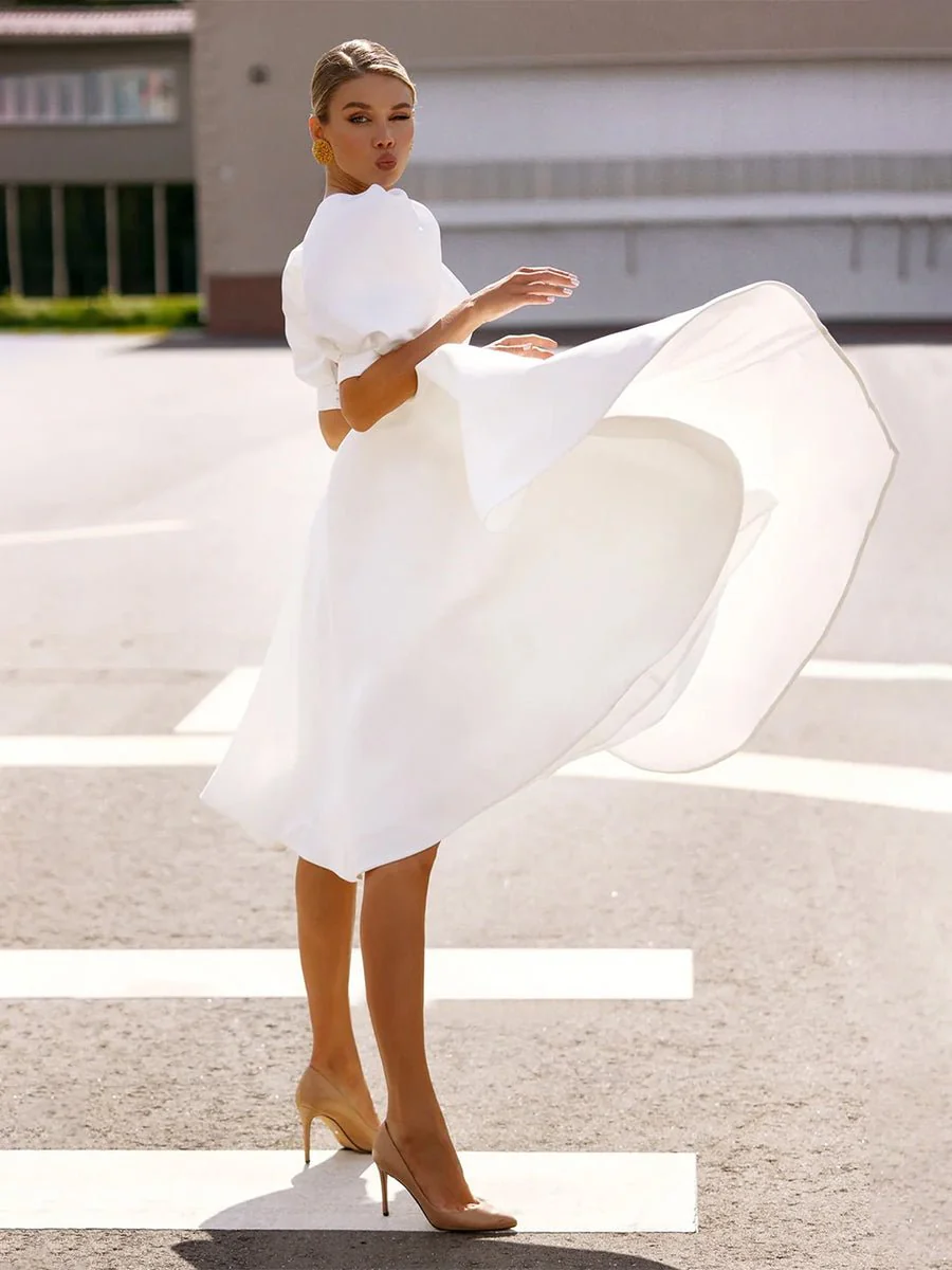Elegant Bateau A Line Satin Knee-length Wedding Dress