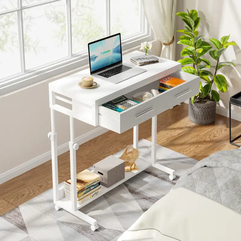 Height-Adjustable Side Table with Drawers and Wheels
