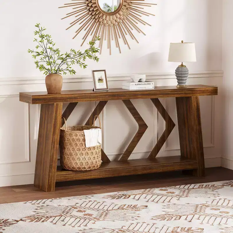 70.9 All-Wood Console Table - 2-Tier Narrow Entryway & Hallway Table - Rustic Brown Farmhouse Sofa Table with Trapezoid Legs