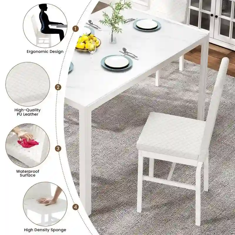 Modern Dining Room Table with Tempered Glass Tabletop and Diamond Stitching PU Leather Chairs