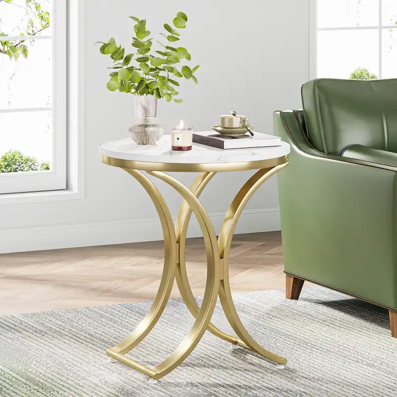 Round C-Shape Side Table, Faux Marble White+Gold / Retro Brown+Black, 1-Person