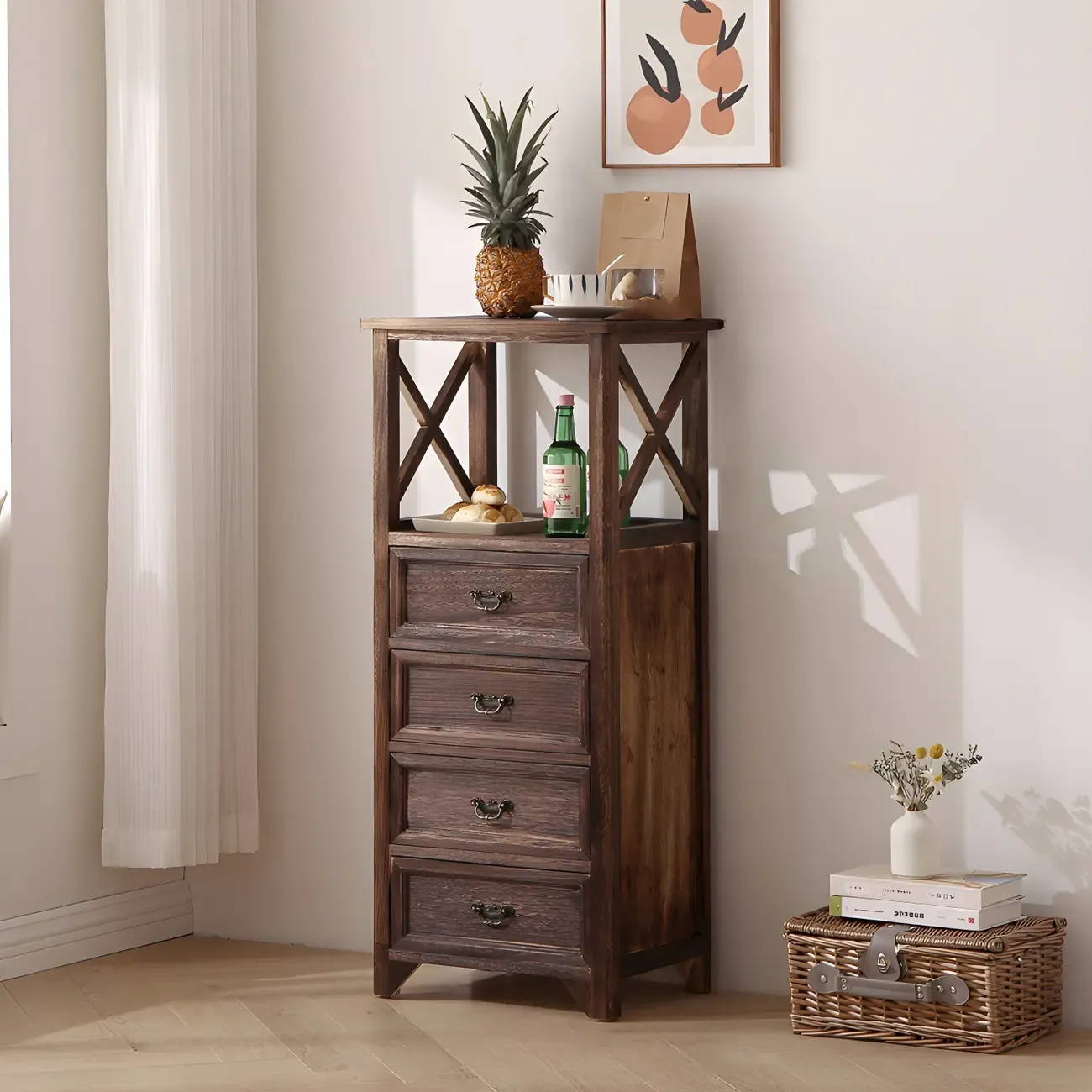 Industrial Rectangular Brown Wooden Drawer Cabinet