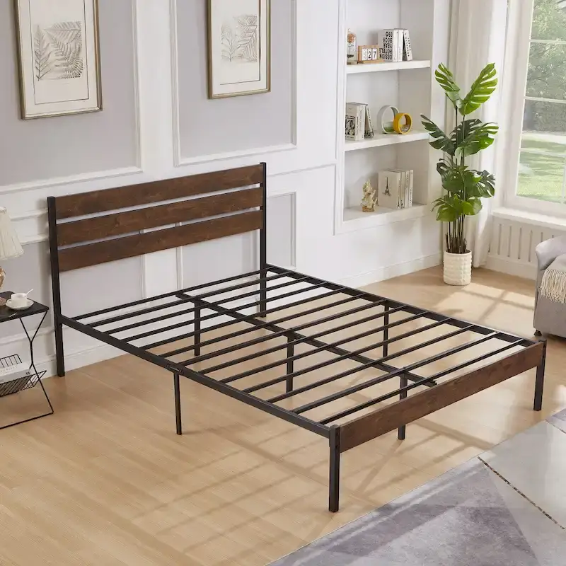 Bed Frame With Wood Headboard, Metal Frame With Strong Slats