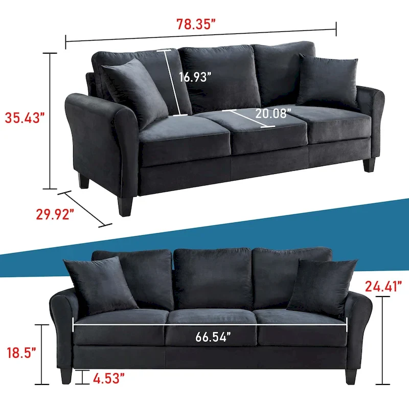3-Seater Velvet Sofa with 2 Pillows, Black/White/Grey, Wood Frame, 3-Person