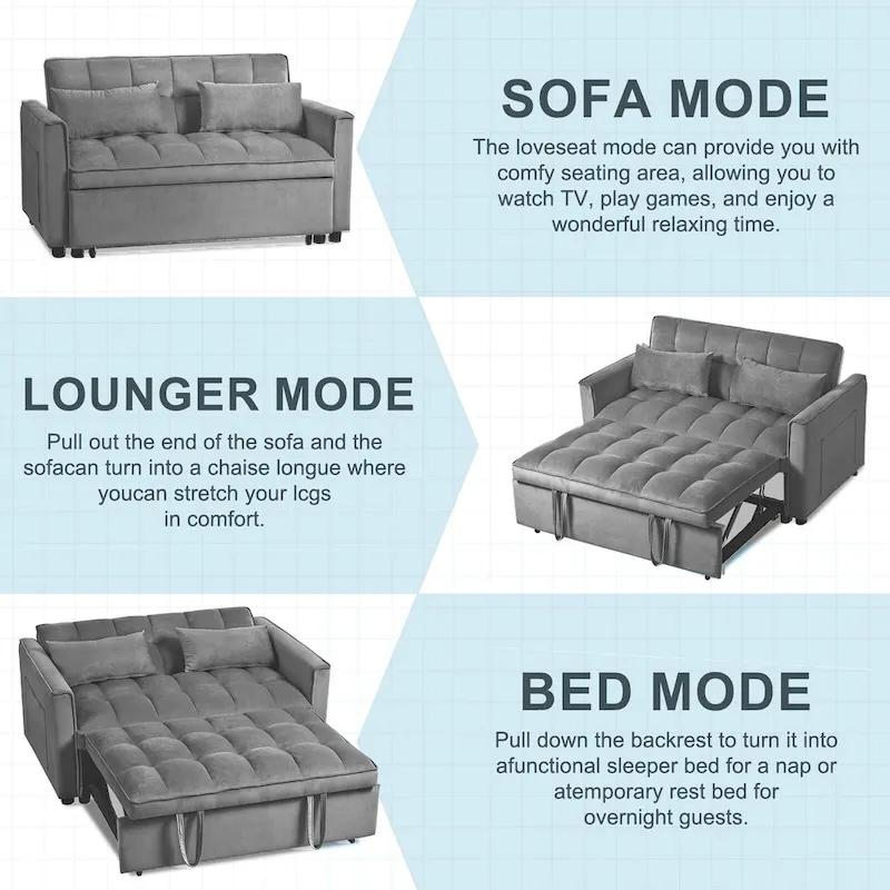 Modern Velvet Loveseat Futon Sofa Couch Pullout Bed, Small Love Seat Lounge Sofa w/Reclining Backrest, Toss Pillows, Pockets