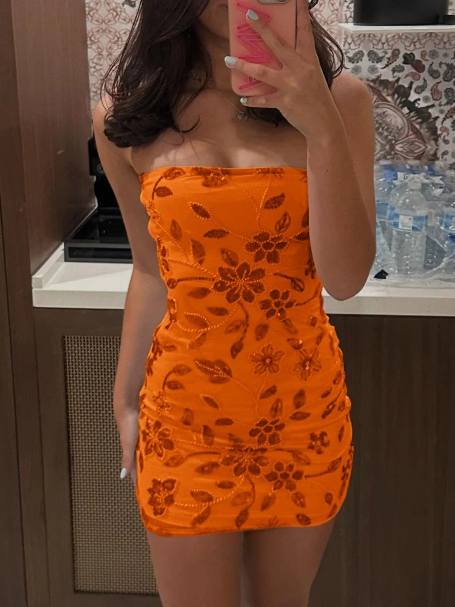Orange - Strapless Bodycon Beaded Floral Short Homecoming Dress