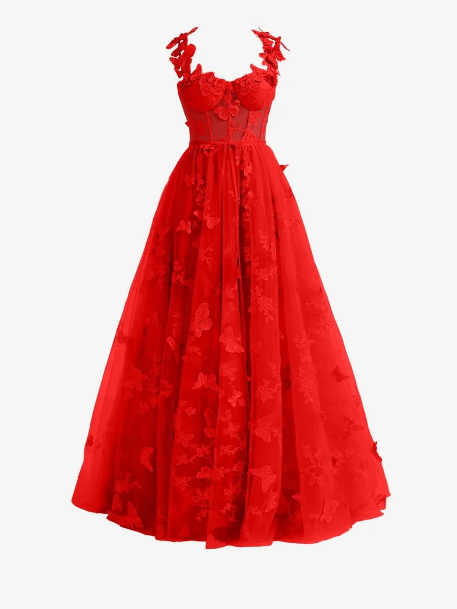 Red A-line Butterfly Lace Lilac Corset Prom Dress with Slit