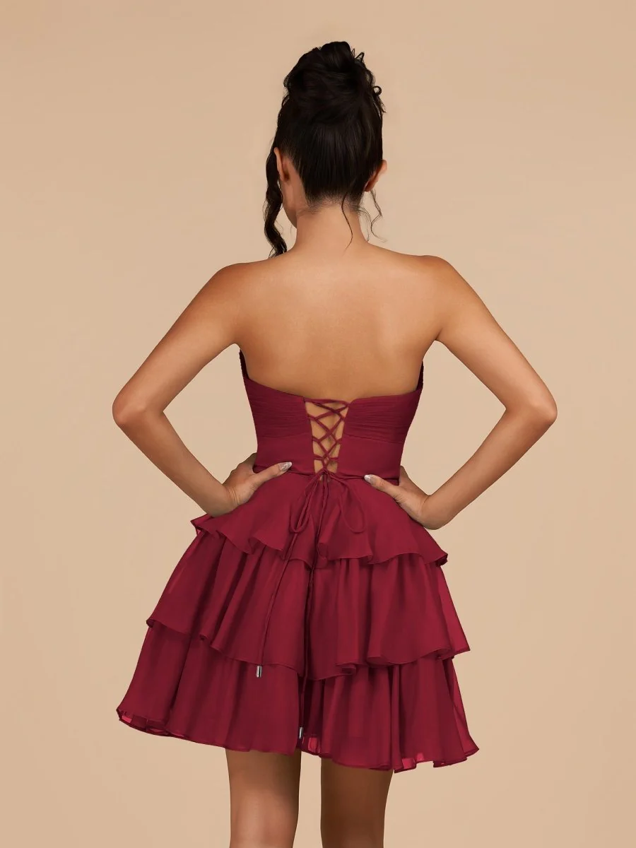 Burgundy - Strapless A Line Chiffon Ruffles Homecoming Dresses With Flower