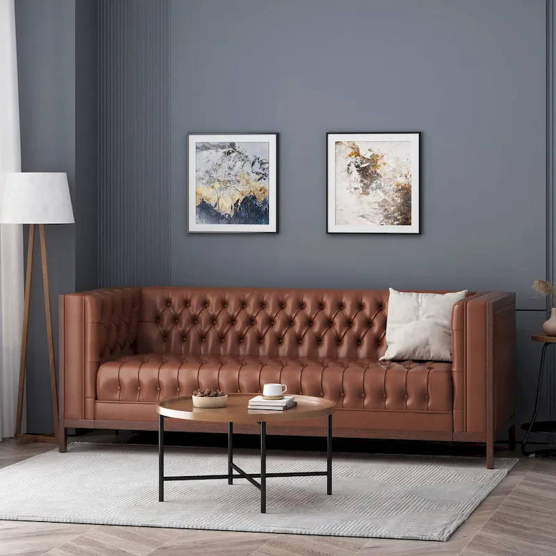Espresso Faux Leather Mid-Century 3-Seater Sofa