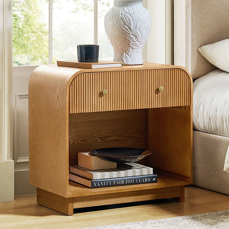 27 in 1-Drawer Arched Nightstand with Fluted Front, Open Cubby & Built-in USB Charging | Oak / Walnut / Black | Single