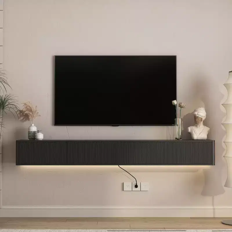 JVNOXK Floating TV Stand, Wall Mounted TV Shelf with Led Lights & Power Outlet,High Gloss TV Cabinet for tv Stands for Living Room