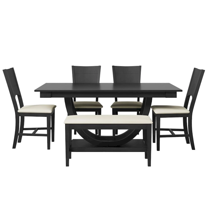 6-Piece Wood Half Round Dining Table Set Kitchen Table Set with Long Bench and 4 Dining Chairs