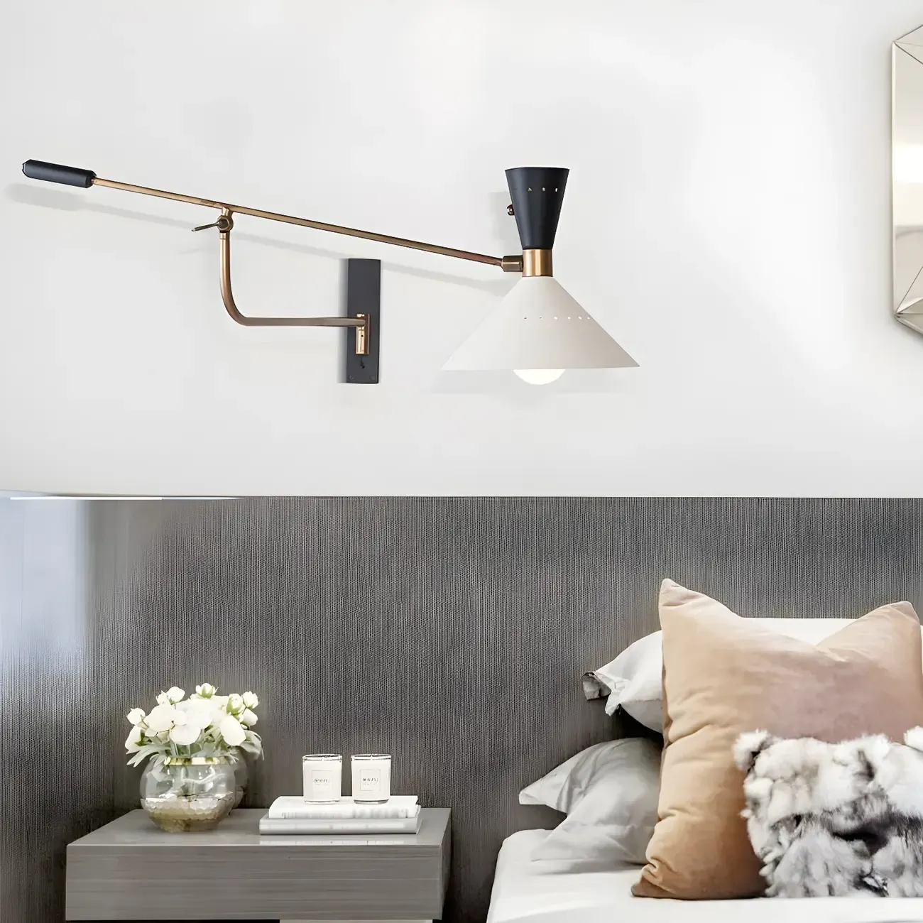 Modern Brass White Conical Arm Swing Wall Light