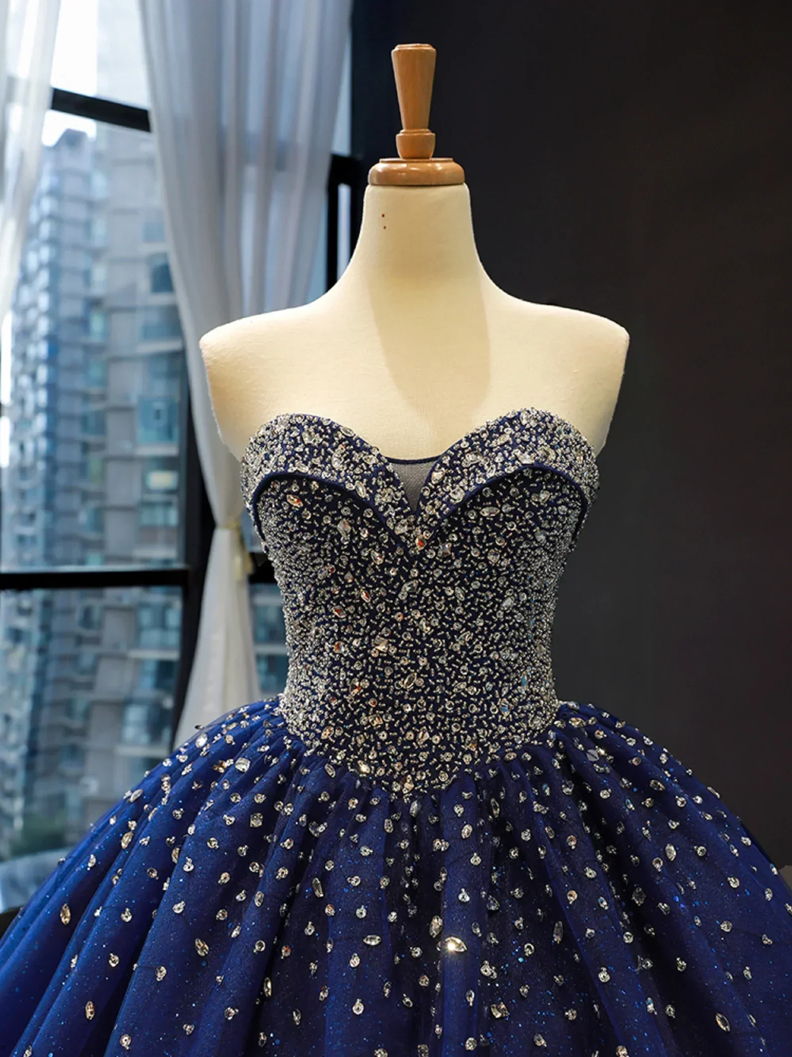 Navy Blue Sweetheart Tulle Quinceanera Dresses With Beadings