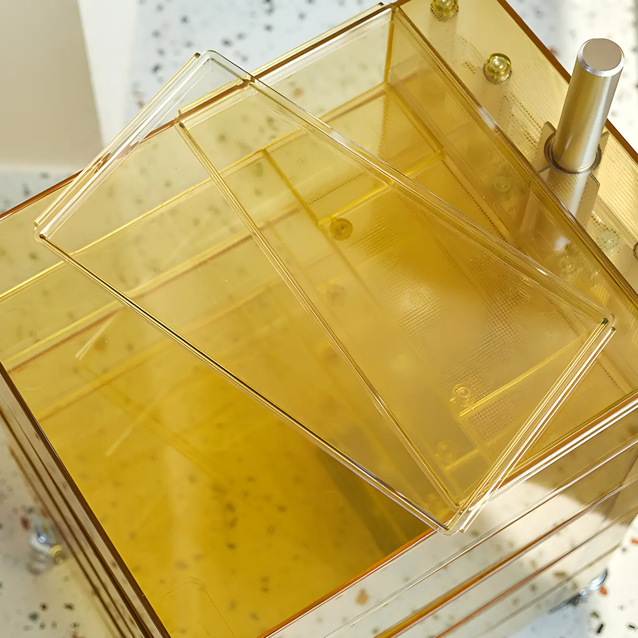 Vibrant Yellow Transparent Nightstand with Drawers and Wheels