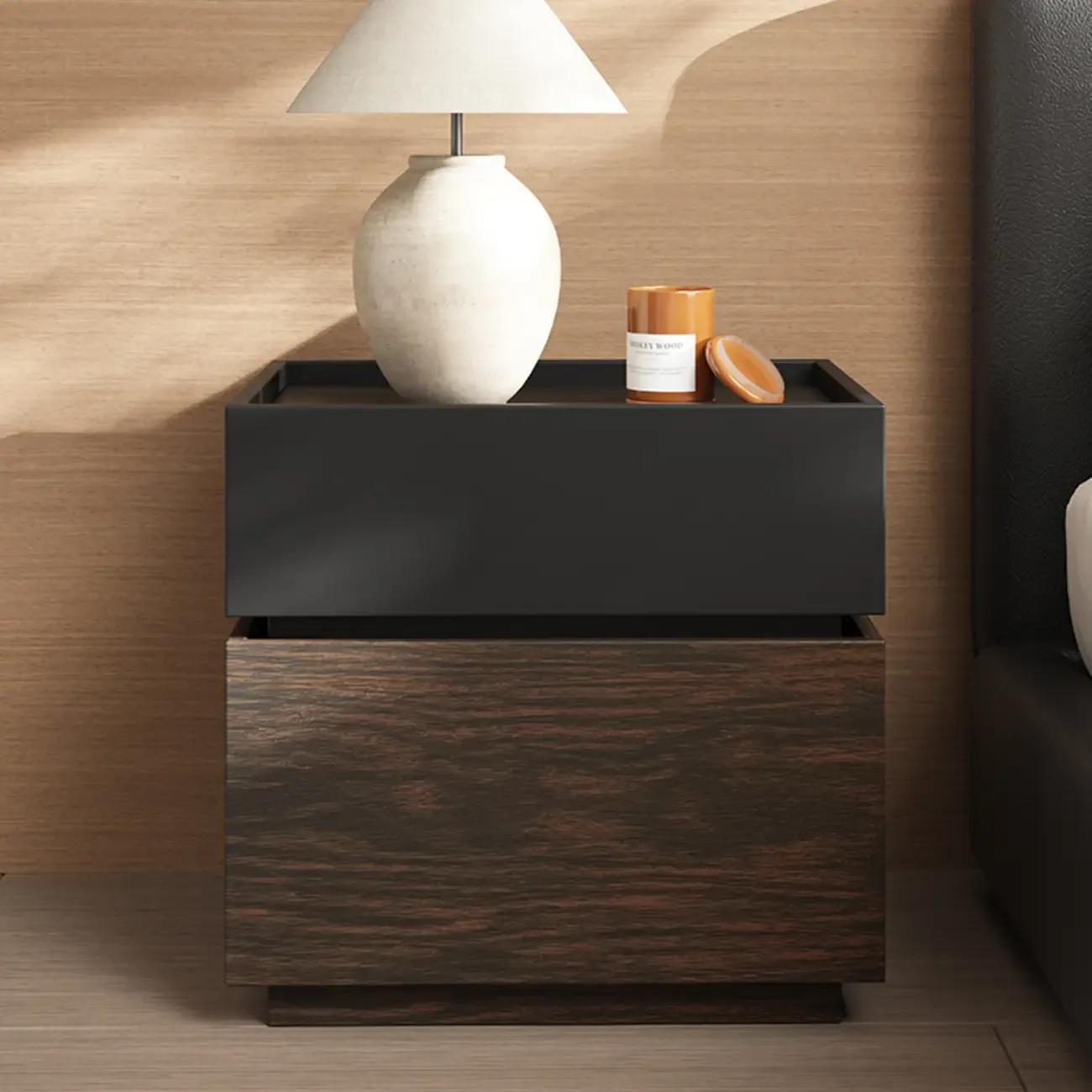Narrow Black Wooden 2 Drawers Storage Nightstand