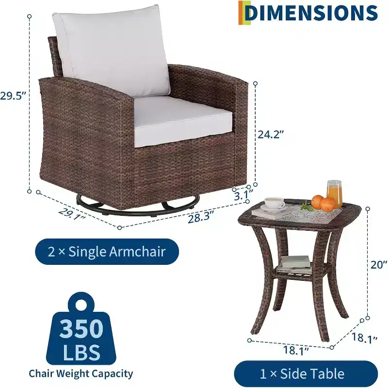 Acekool 3 Piece Patio Wicker Swivel Rocker Chair Set with Rattan Side Table & Soft Cushions, Outdoor Swivel Rocking Chairs for Deck Porch Pool