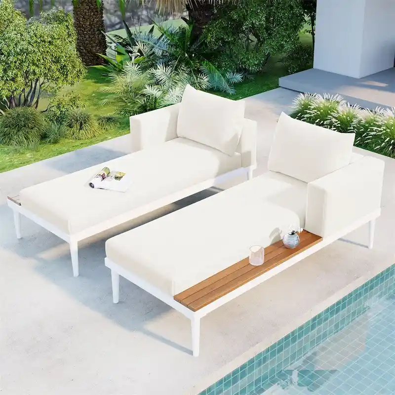 Modern Outdoor Patio Metal Daybed with Wood Topped Side Spaces