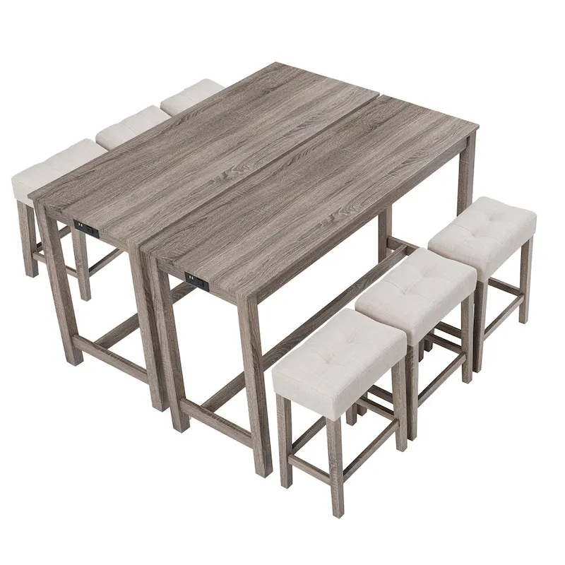 8 PCS Bar Table Dining Sets with Counter Stools and Built-in Power Outlets