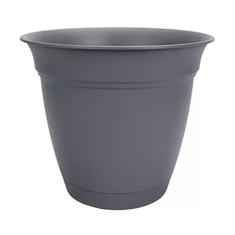 HC Companies 12 Inch Eclipse Planter Indoor Outdoor Round Classic Pot w/ Attached Saucer for Flowers, Vegetables, and Succulents, Warm Gray (2 Pack)