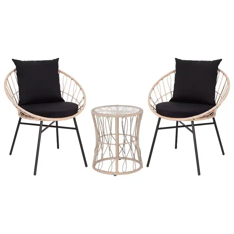 Flash Furniture Devon 3-Piece Indoor/Outdoor Bistro Set, Papasan Style Rattan Rope Chairs, Glass Top Side Table & Cushions