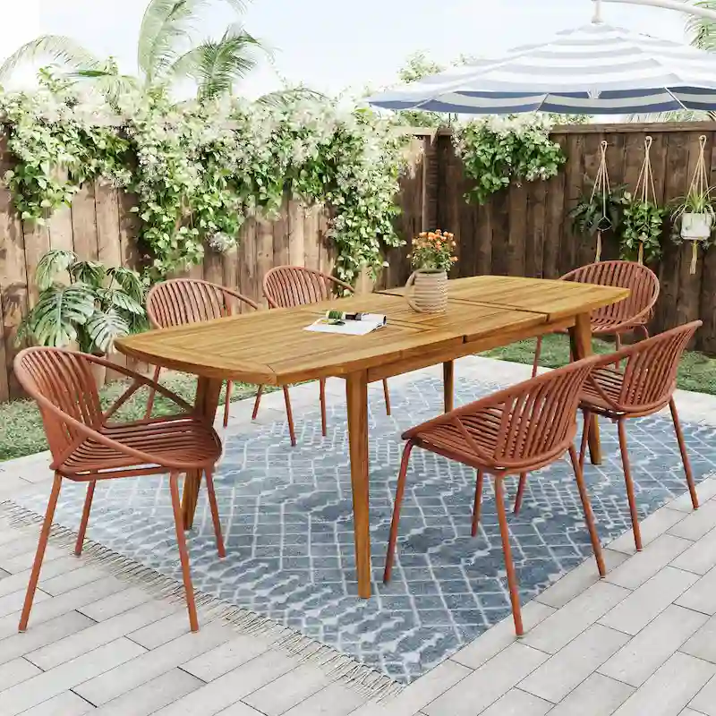 7 Pieces Modern Expandable Dining Set with 6 Stackable Chairs Outdoor Patio Wood Dining Table Casual Coffee Table