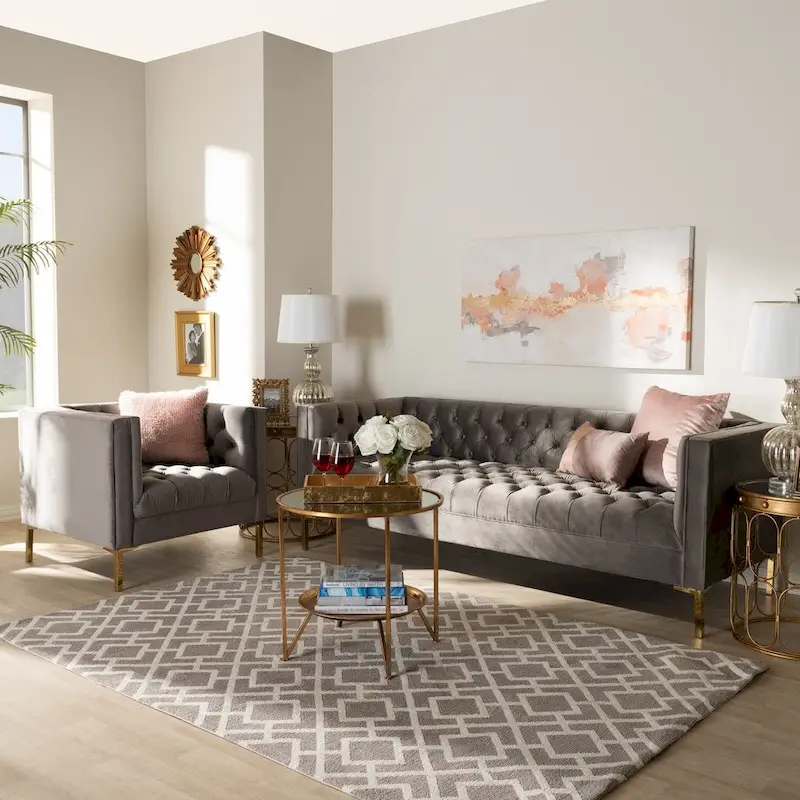 Glam Velvet and Gold Finished 2-Piece Sofa and Lounge Chair Set